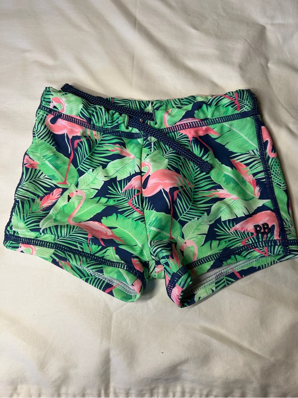 Ruffle Butts Pink Flamingo & Green Leaf Swim Trunks